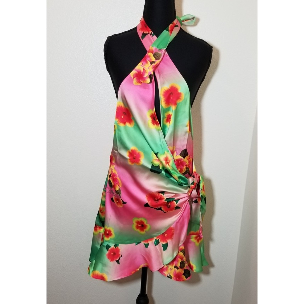 Collusion Womens Sz 6 Floral Halter Wrap Mini Dress Ruffle Beach Tropical NWOT